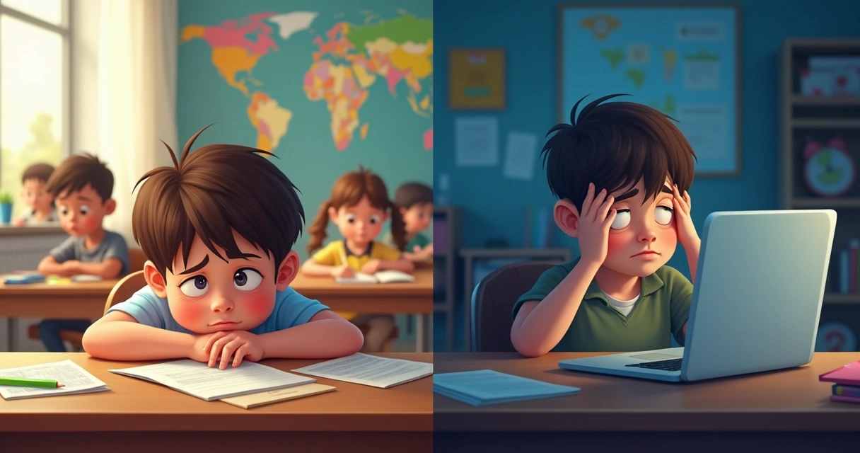 Criança sonolenta na sala de aula, adulto cansado em frente ao computador 
