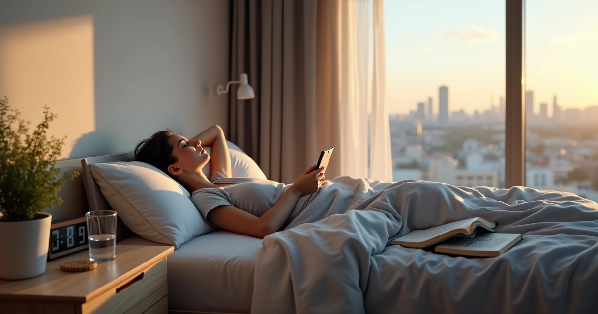 Pessoa deitada na cama ao amanhecer refletindo sobre o dia com a janela mostrando a cidade 