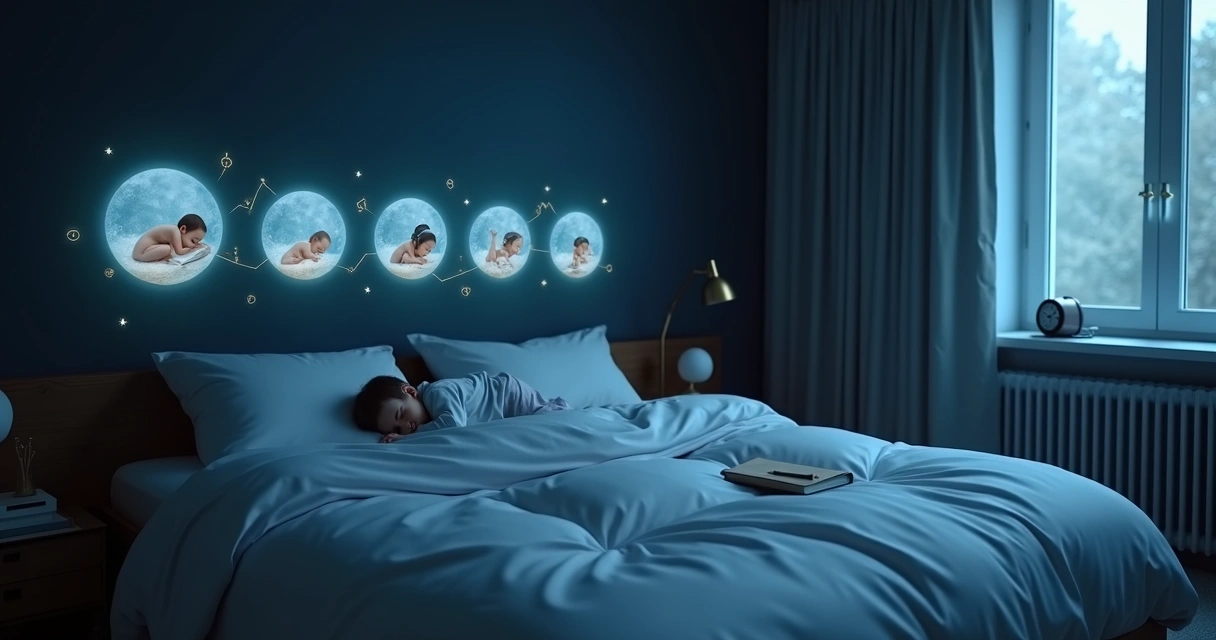 Linha do tempo da vida humana sobre uma cama iluminada pela lua 