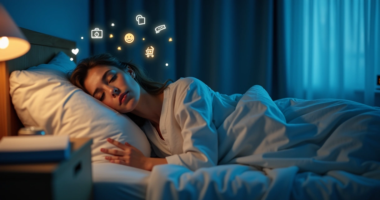 Mulher deitada na cama à noite com pensamentos representados por ícones de emoções e decisões ao redor da cabeça 