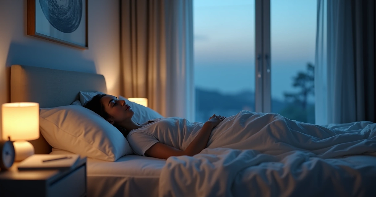 Pessoa deitada em cama olhando pela janela à noite com luz suave e clima de tranquilidade 