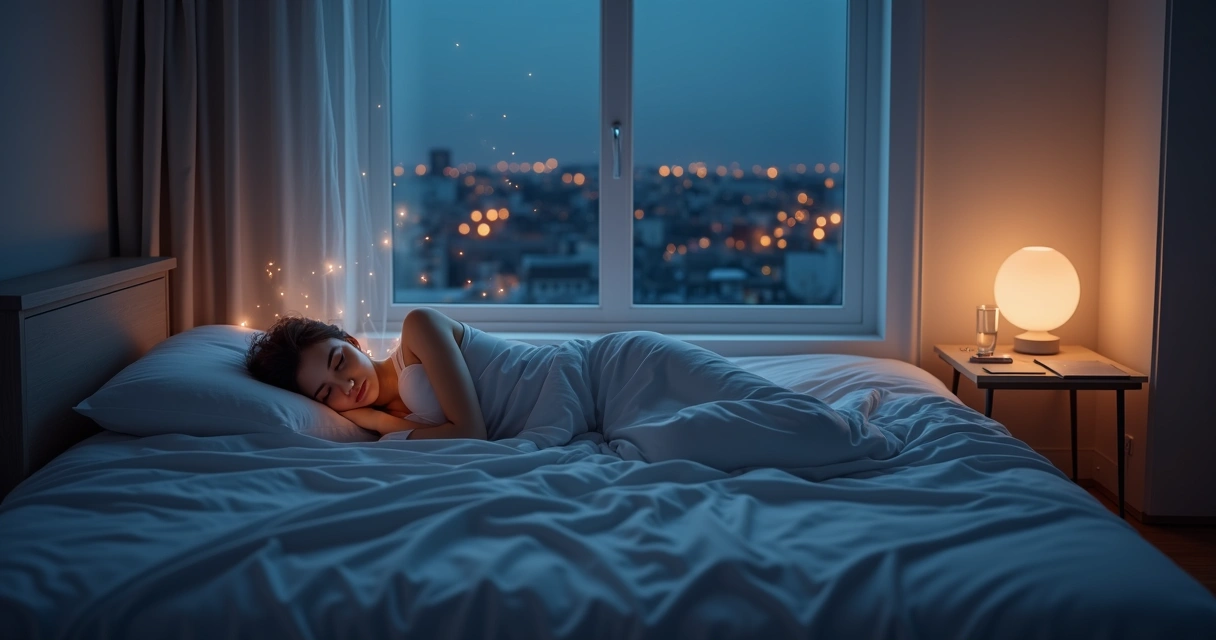 Pessoa deitada em cama branca conectada a linhas de luz suavemente coloridas saindo da cabeça 
