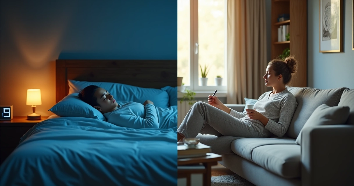 Quarto escuro à esquerda e sala iluminada à direita simbolizando sono e equilíbrio emocional diário 