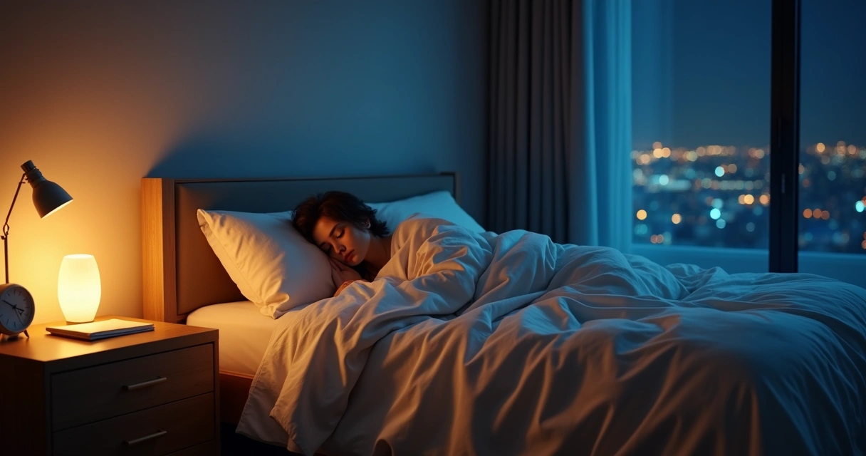 Pessoa deitada em quarto escuro com iluminação suave azul e laranja 
