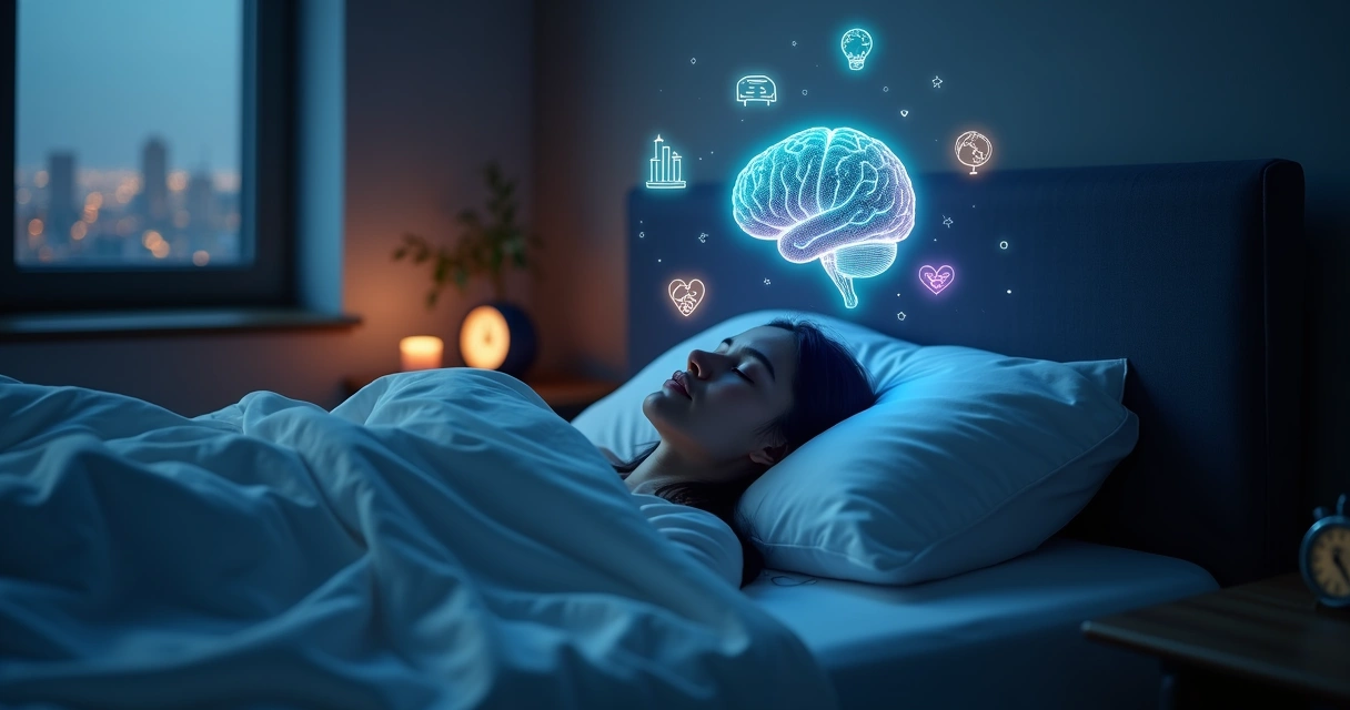 Pessoa deitada na cama com metade do cérebro em atividade e símbolos de escolhas éticas ao redor 