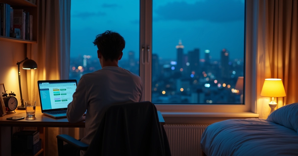 Pessoa em apartamento noturno olhando duas luzes contrastantes enquanto decide diante do notebook 