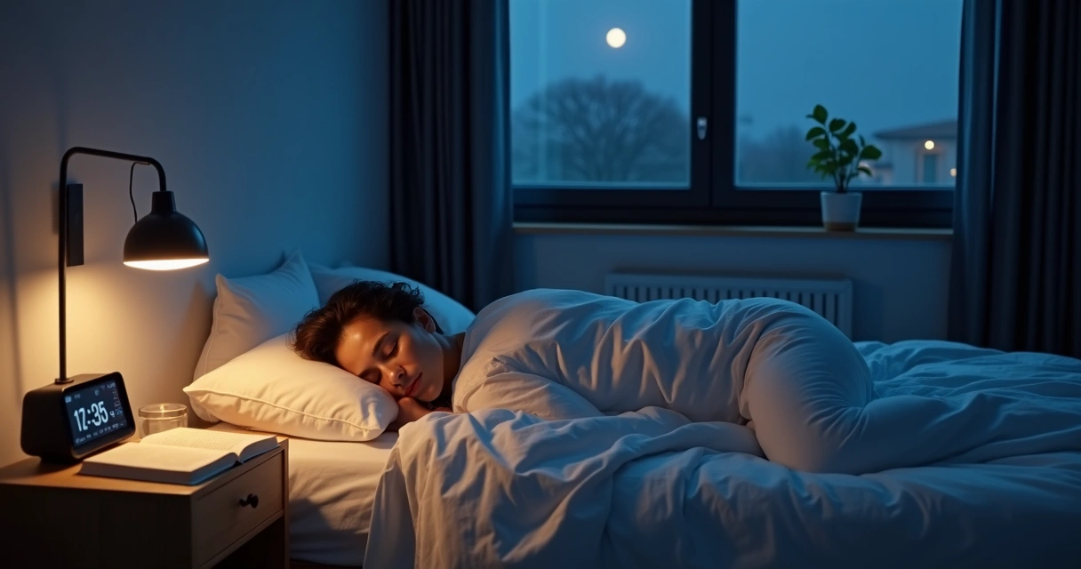 Pessoa dormindo em quarto escuro com luz suave e elementos de meditação 