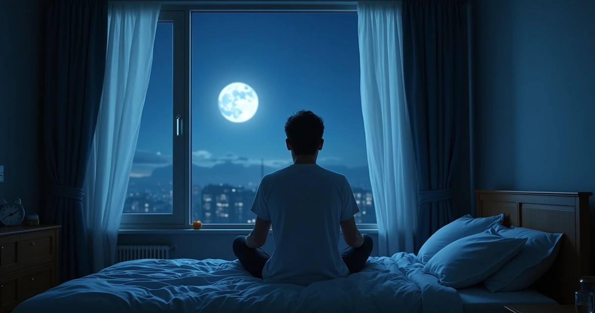 Pessoa observando a lua pela janela durante a noite 