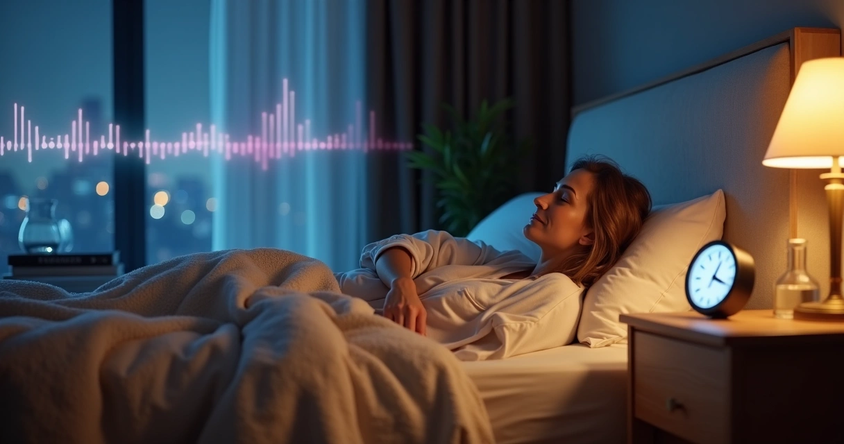 Mulher de meia-idade relaxando em quarto acolhedor à noite com luminária suave acesa 