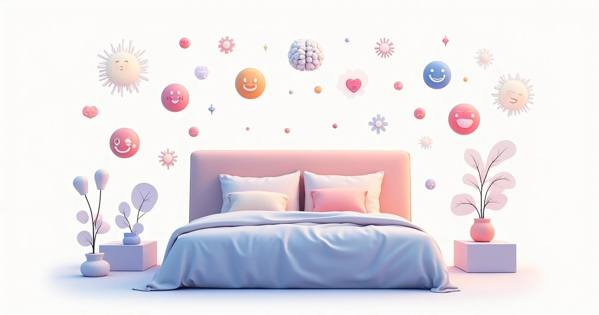 Desenho de hormônios e símbolos de bem-estar mental ao redor de uma cama. 