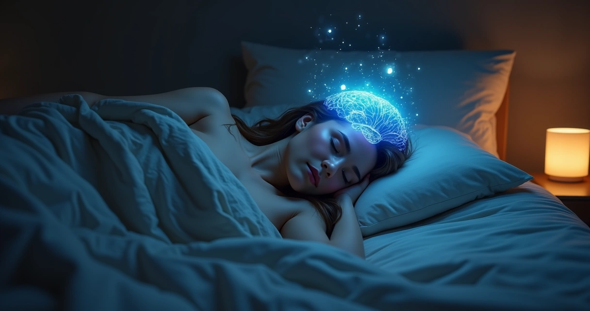 Pessoa dormindo serenamente com conexão visual entre cérebro e corpo 