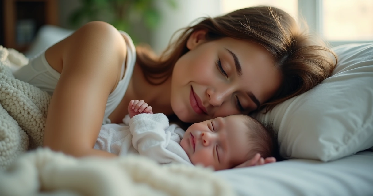 Mãe e bebê dormindo juntos em ambiente tranquilo 
