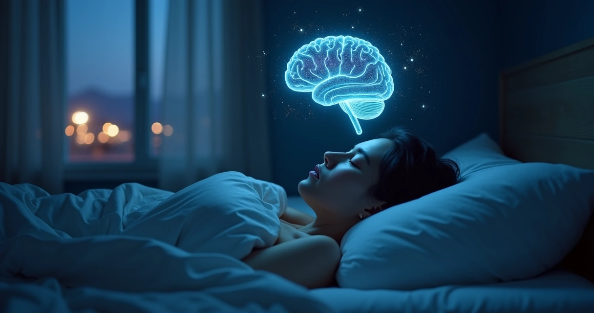 Pessoa dormindo com silhueta do cérebro projetando luzes e formas abstratas 