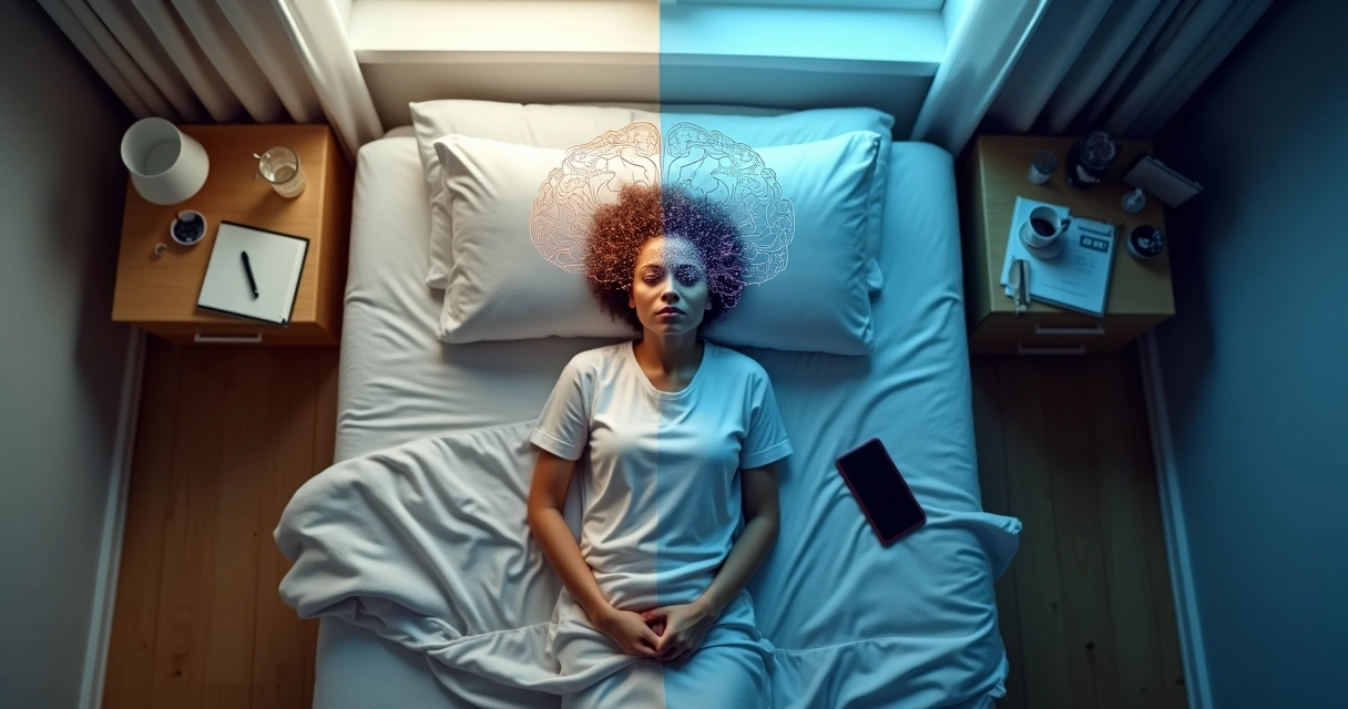 Pessoa deitada na cama com metade do quarto clara e metade escura representando clareza mental e confusão 