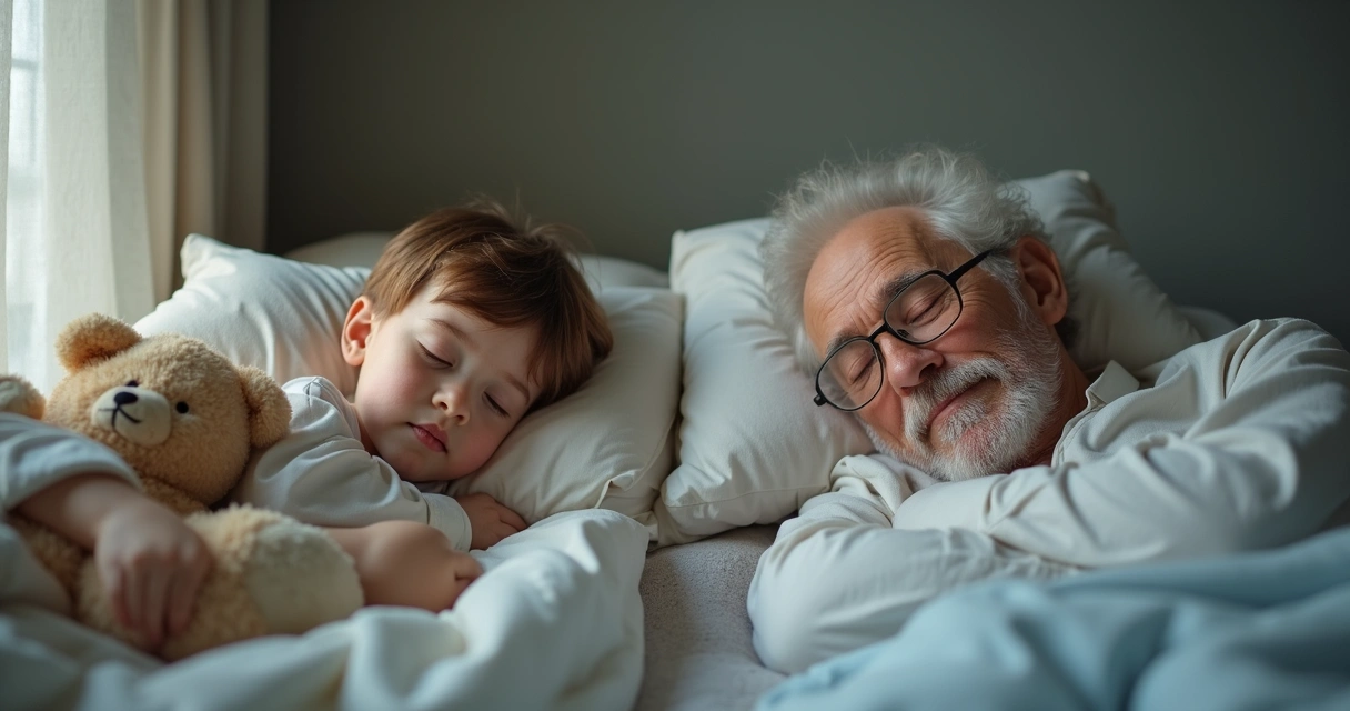 Idoso e criança dormindo tranquilamente em ambientes aconchegantes 