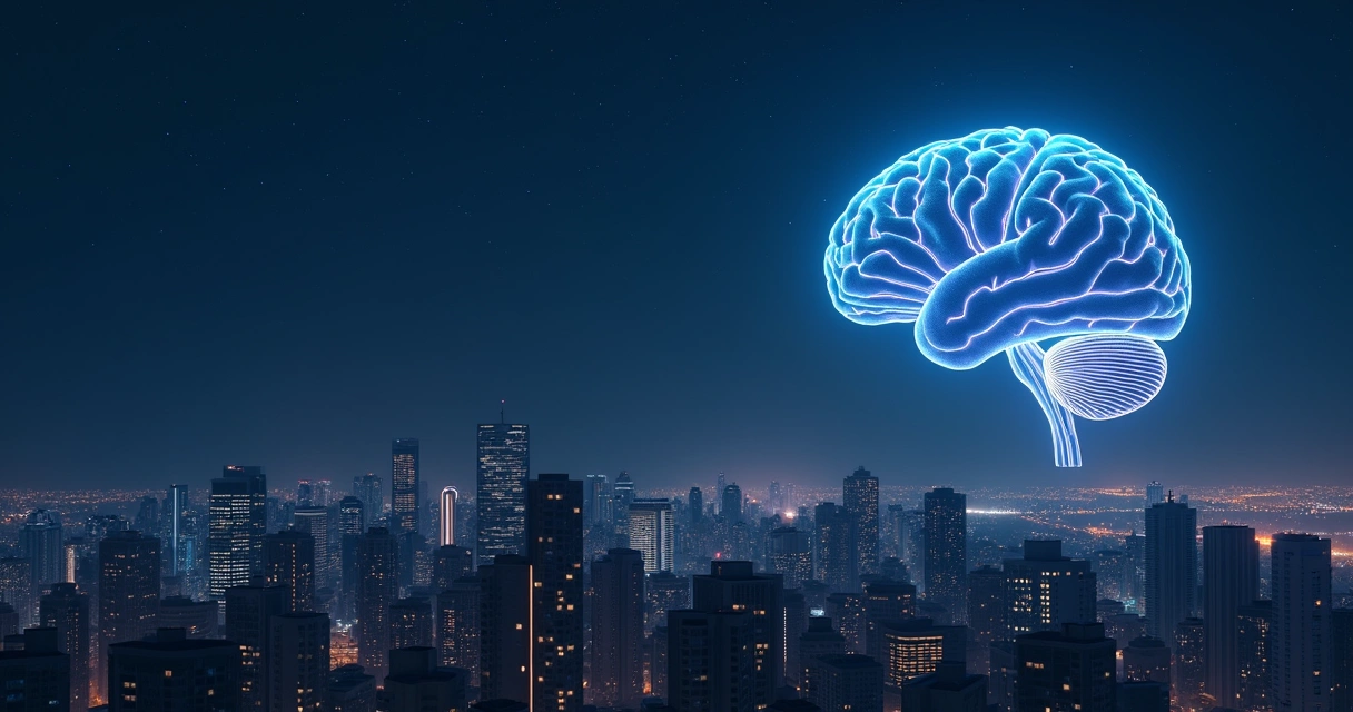 Cérebro humano luminoso flutuando sobre cidade adormecida à noite 