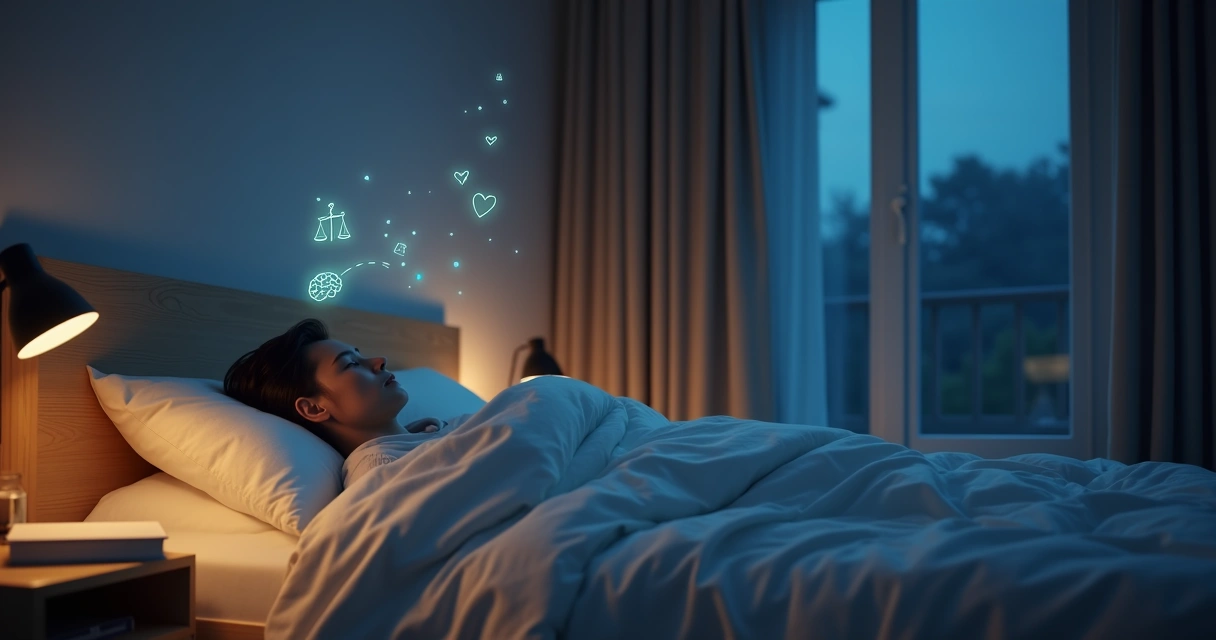 Adulto dormindo em quarto aconchegante com ilustrações suaves representando equilíbrio emocional 