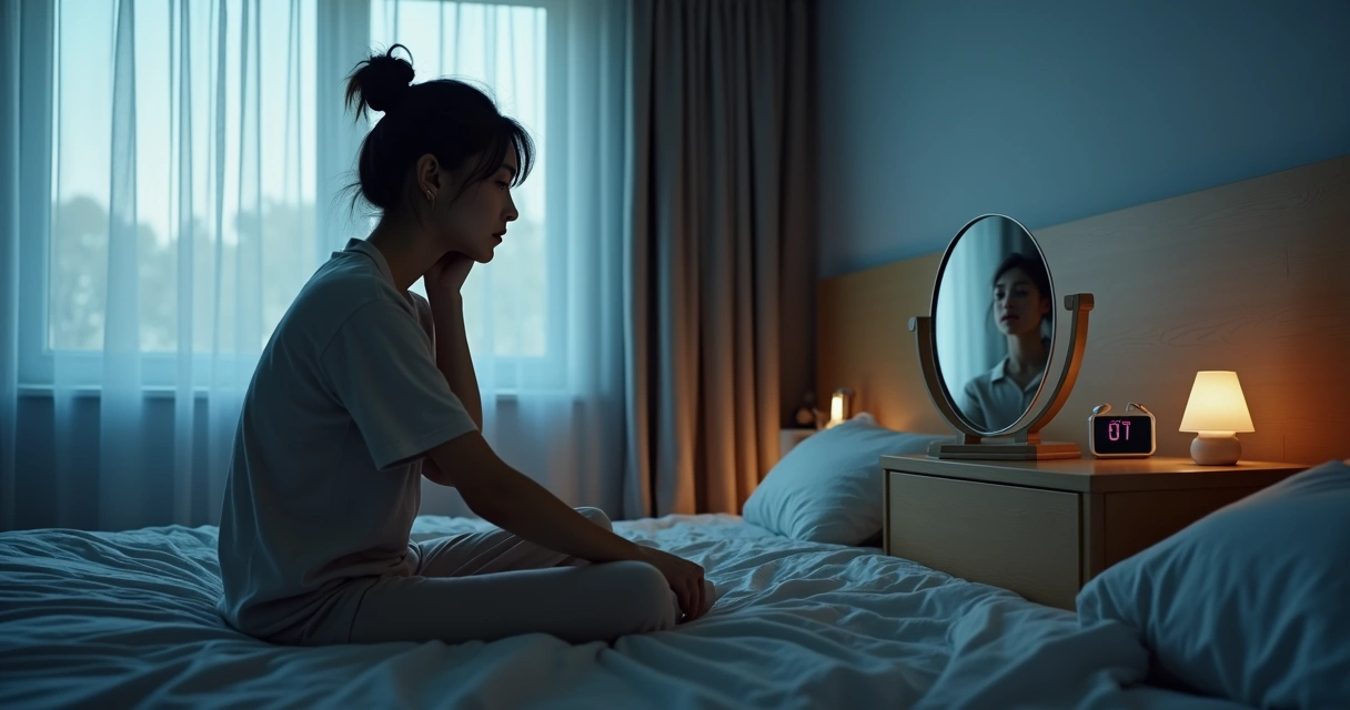 Mulher cansada se olhando no espelho ao acordar em quarto escuro 