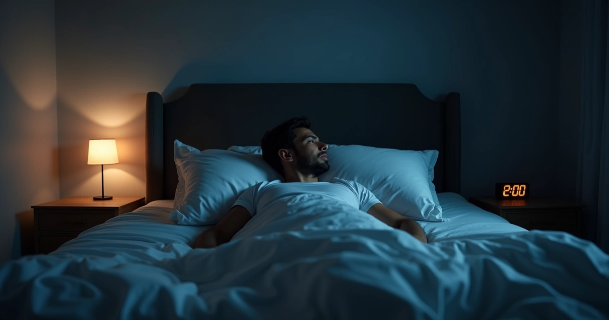 Homem deitado na cama olhando para o teto, com expressão de cansaço ao lado de um despertador