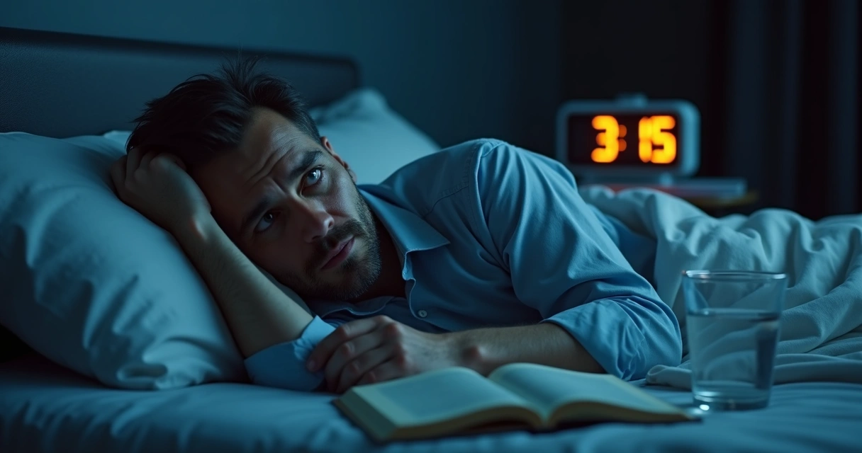 Homem se vira na cama, acordado e cansado 