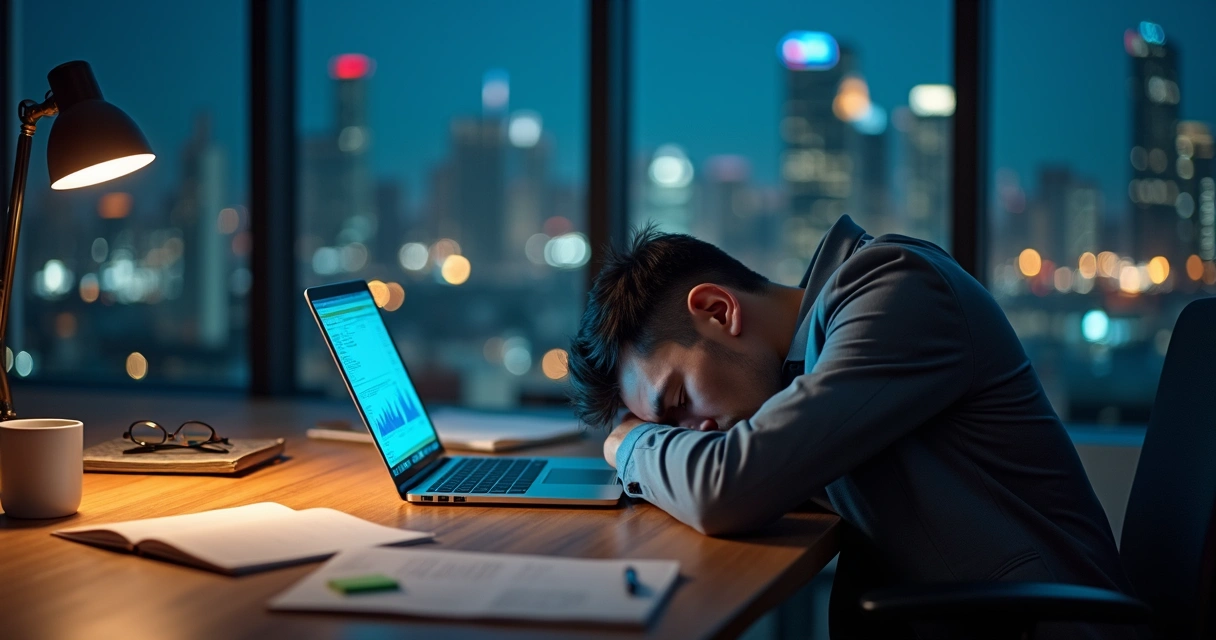 Profissional dormindo em mesa de trabalho com laptop e cidade ao fundo à noite 