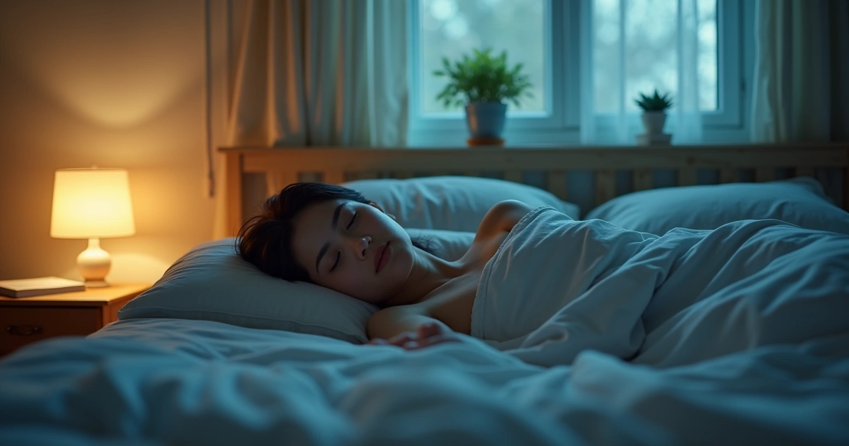 Pessoa deitada na cama com luz suave simbolizando sono e bem-estar mental 