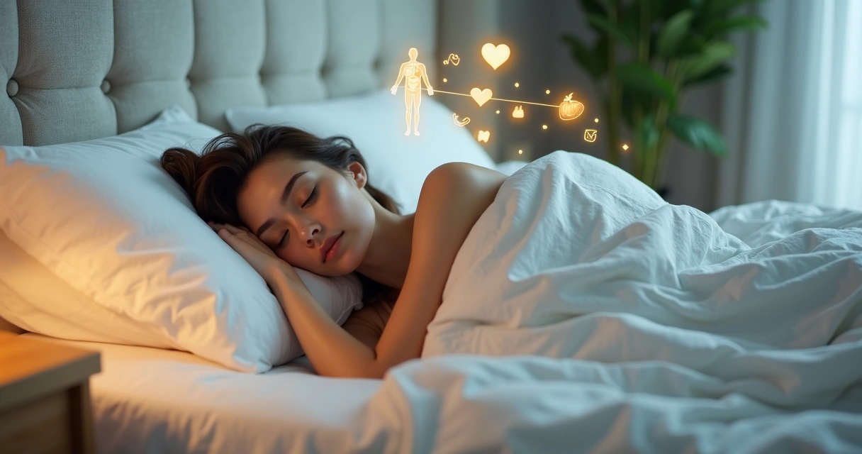 Mulher dormindo em cama confortável com ícones de metabolismo e controle de peso ao redor 