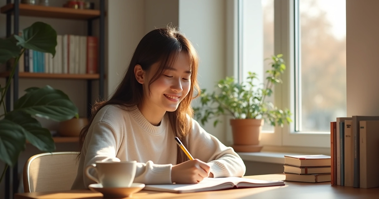 Persona sonriendo en silencio mientras escribe en un cuaderno