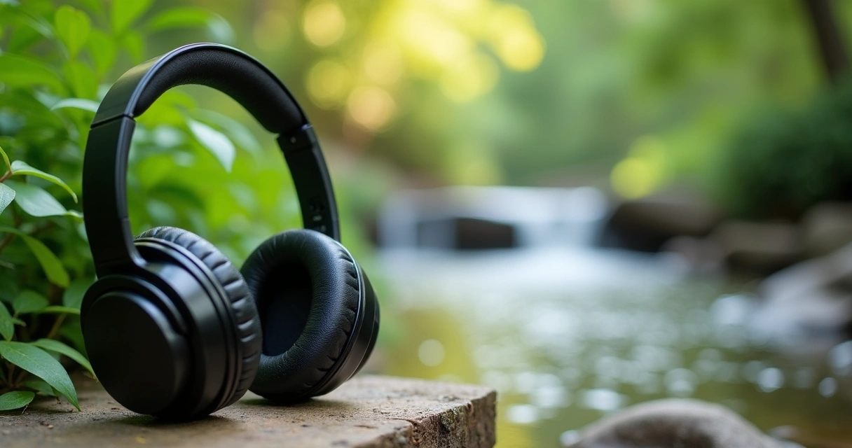 Fones de ouvido ao lado de folhas e água corrente