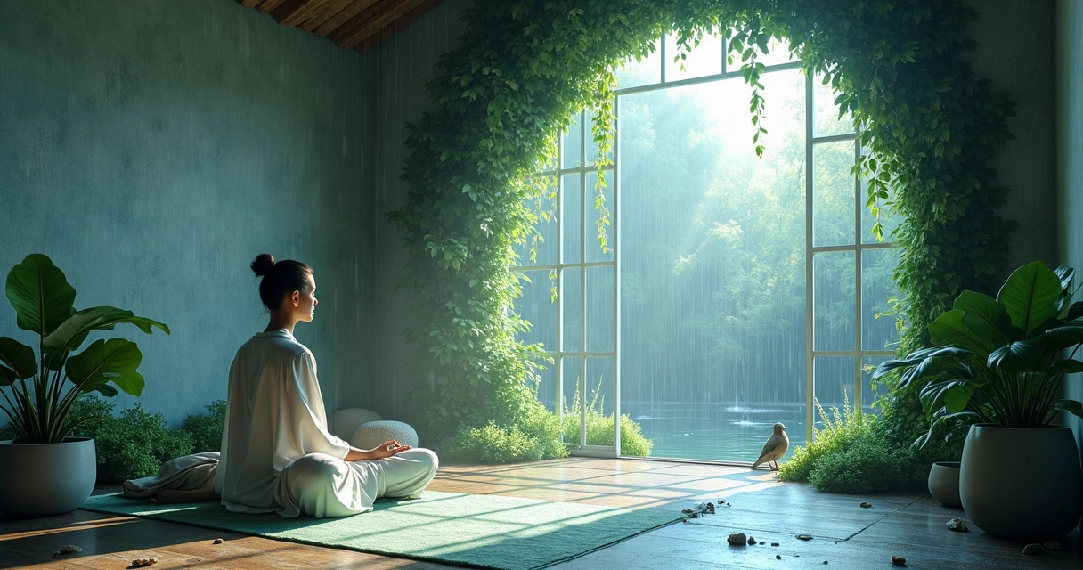 Ambiente tranquilo com sons de água e árvores ao fundo