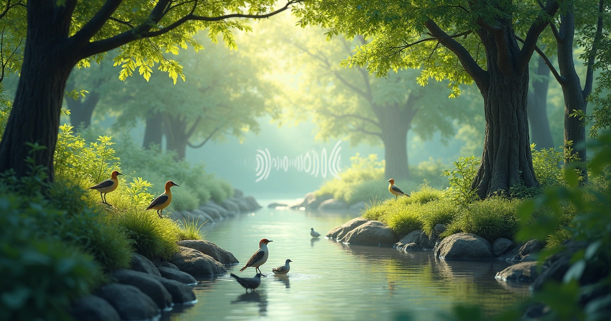 Ambiente natural com árvores e riacho, sons sutis da natureza, atmosfera de tranquilidade