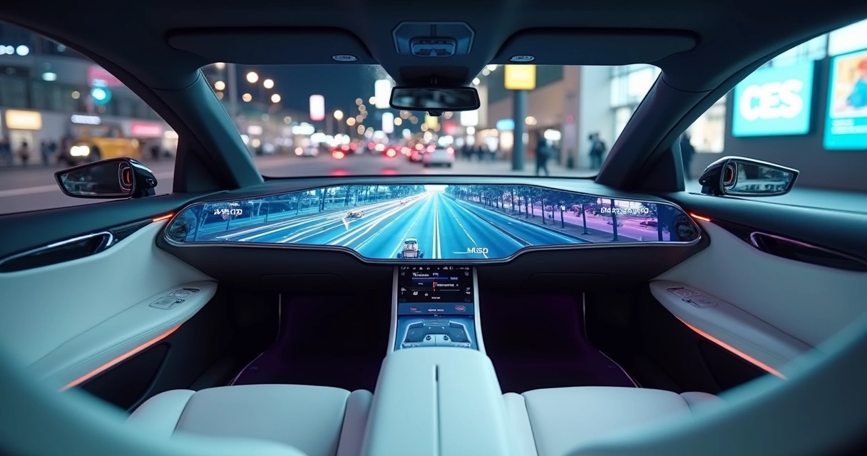 Interior do Sony AFEELA 1 no CES com painel panorâmico exibindo navegação, jogo e videoconferência 