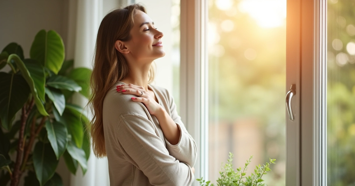 Woman gently hugging herself standing by a sunlit window