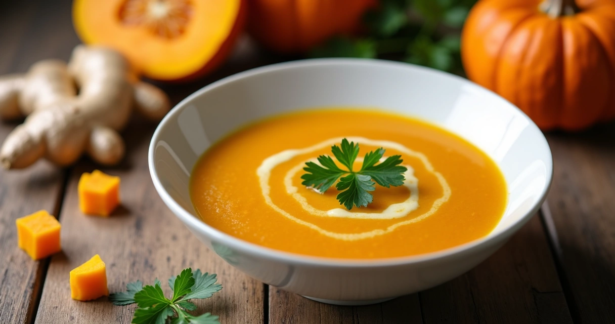Tigela de sopa de abóbora com pedaços de gengibre ao lado 