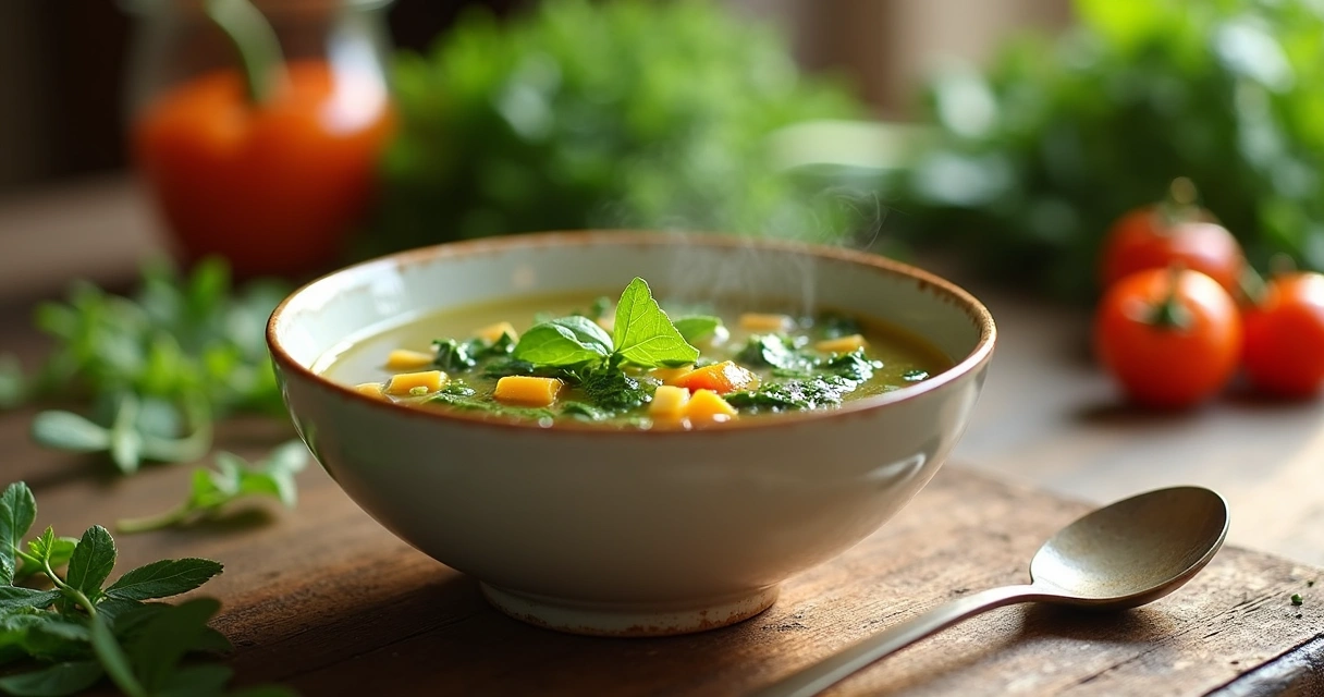 Sopa caseira com moringa servida em tigela clara