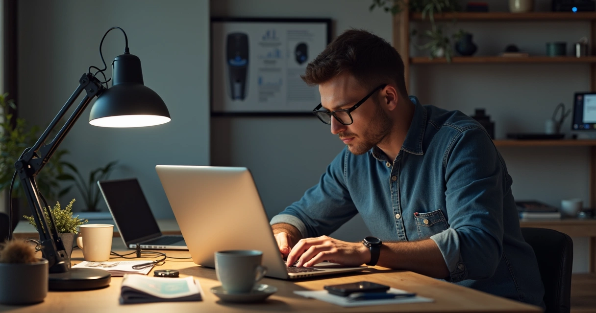 Hombre revisando computadora portátil en mesa con cables y dispositivos electrónicos 