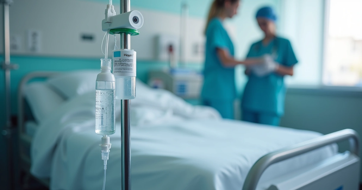 Bolsa de soro fisiológico cristalóide pendurada ao lado de leito hospitalar 