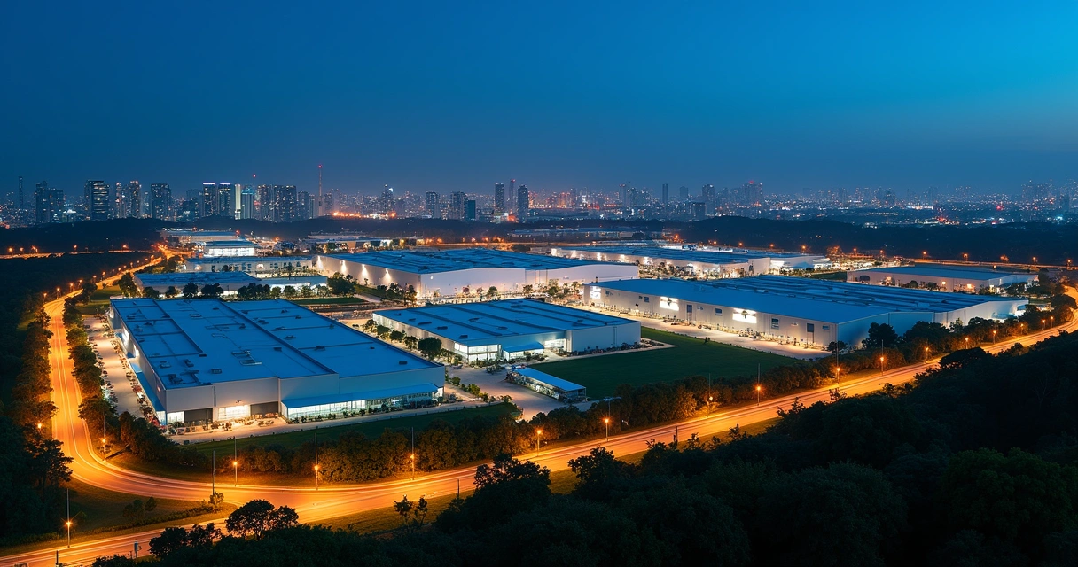 Vista noturna de parque industrial em Sorocaba iluminado, com fábricas modernas e armazéns 