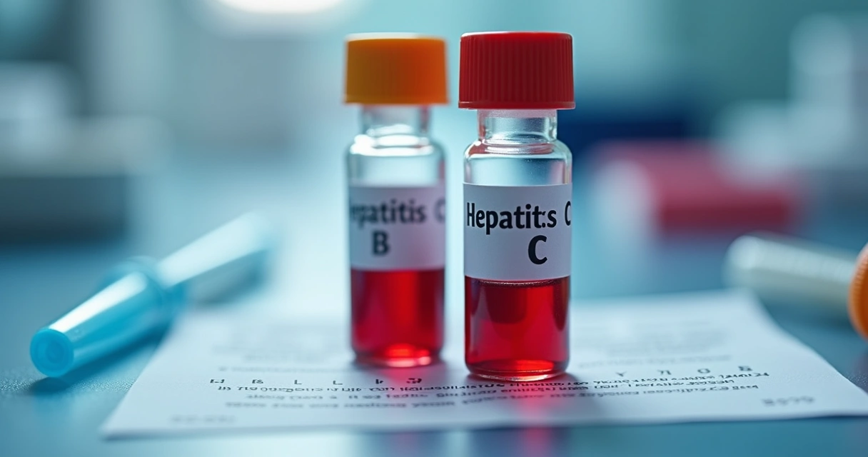 Frascos de sangue rotulados para hepatites B e C em bancada de laboratório