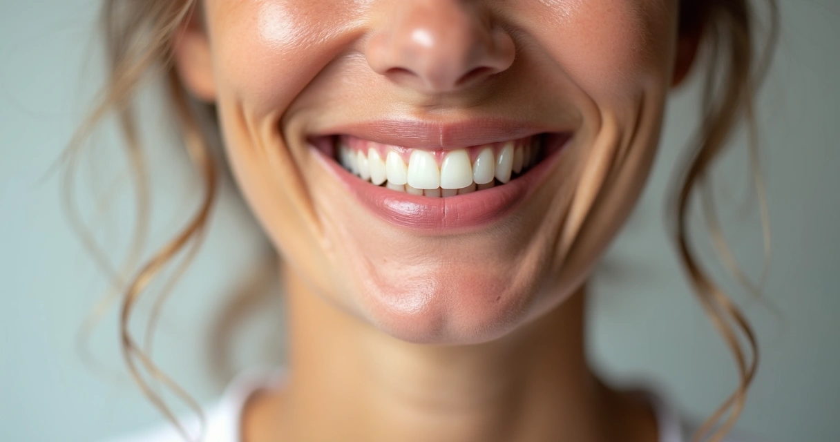 Mulher madura sorrindo com dentes alinhados, rosto iluminado 