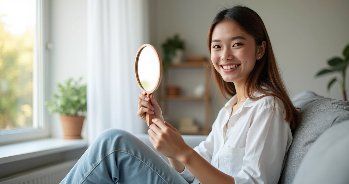 Jovem adulto observa sorriso mais branco segurando espelho de mão 