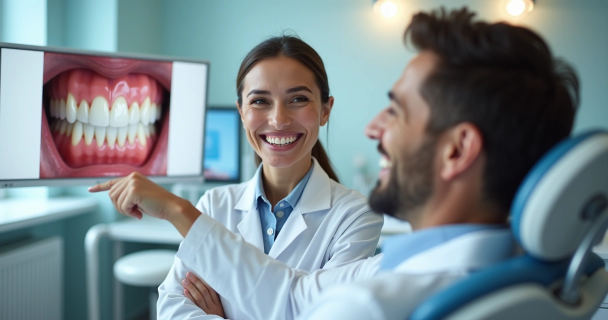 Paciente sorrindo em consultório após receber lentes de contato dental 
