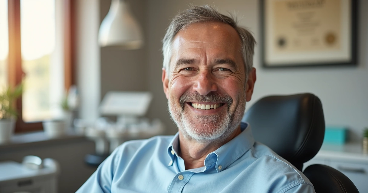 Paciente de meia idade sorrindo, mostrando dentes após implante dentário, em consultório moderno