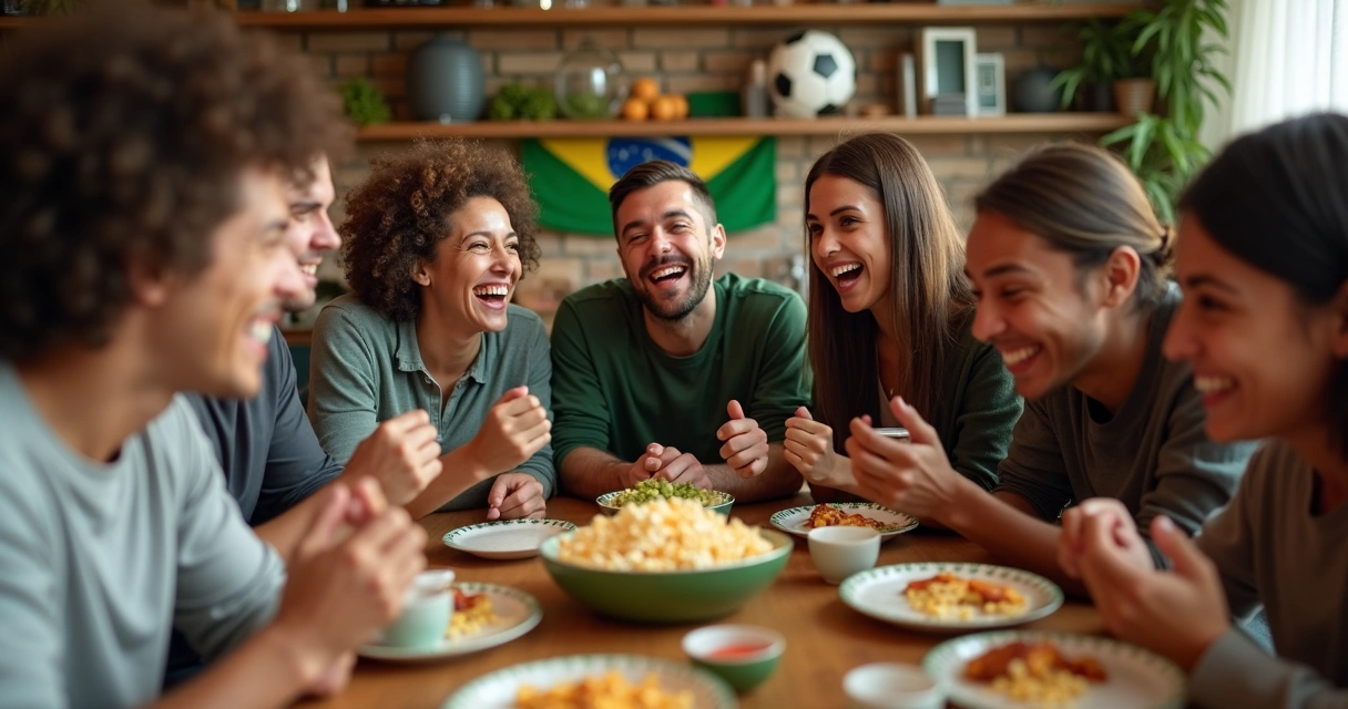 Grupo de amigos torcendo sorrindo com petiscos na mesa