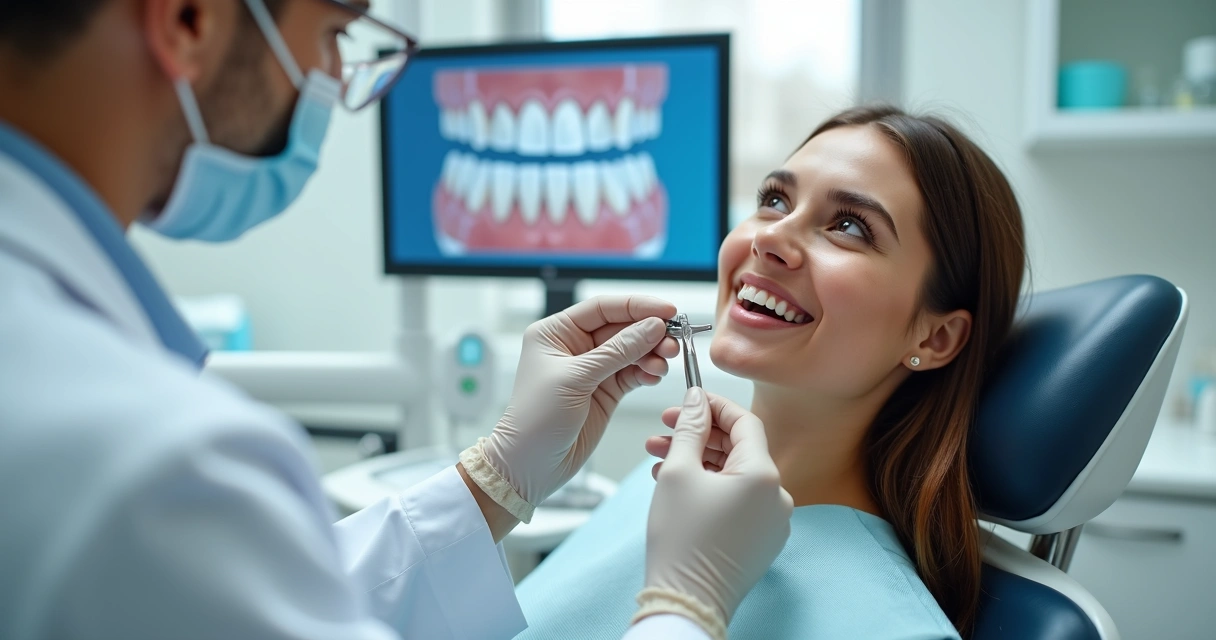 Dentista mostrando resultado de estética dental em sorriso natural de paciente 