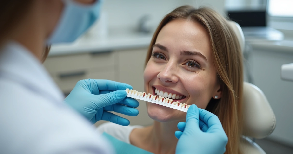 Dentista mostrando sorriso com facetas de porcelana em paciente mulher adulta 