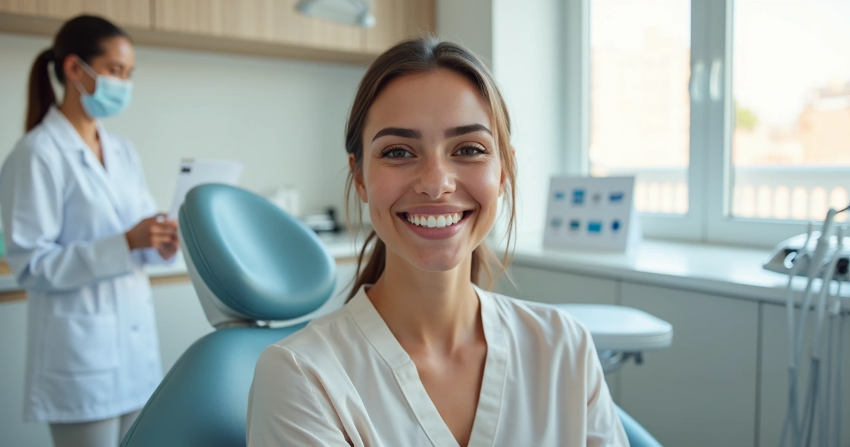 Mulher sorrindo em consultório odontológico exibindo facetas de porcelana 