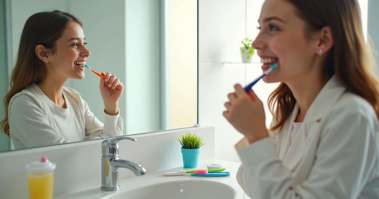 Pessoas escovando os dentes em banheiro moderno. 