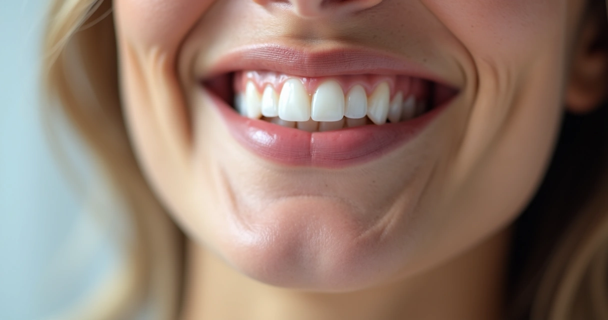 Close-up de sorriso com implante em região frontal dos dentes. 