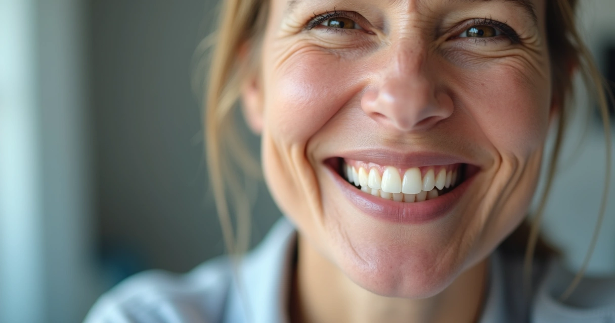 Pessoa sorrindo mostrando dentes naturais após implante 